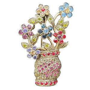New-Vintage Rhinestone Basket & Flowers Brooch/Pin, 2" x 1"